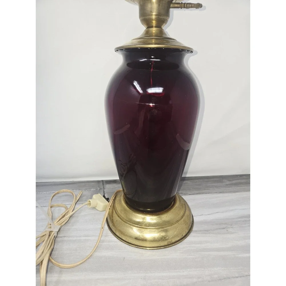 Vtg Ruby Red Cranberry Glass‎ Table Lamp w/ Brass Details 14